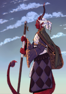 a person with horns, a tail, red skin, and white hair holding a walking stick and wearing a traveling pack slung over their shoulder. they are looking out to the horizon and smiling.