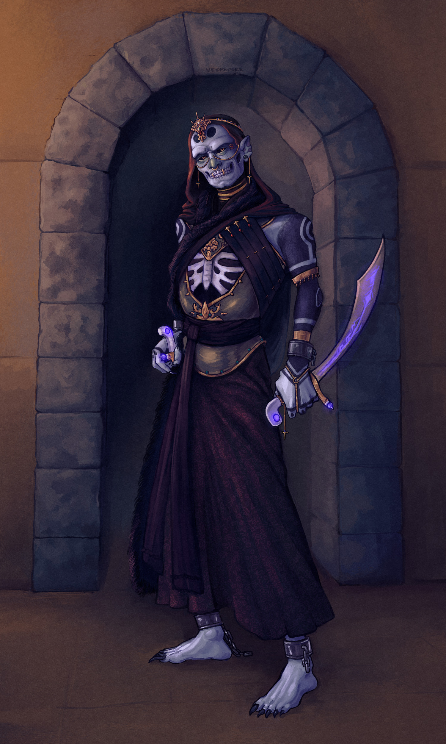 a portrait of a skeletonized figure wearing armor and a dark red robe with a hood. he is holding a scimitar and standing in front of a stone archway.