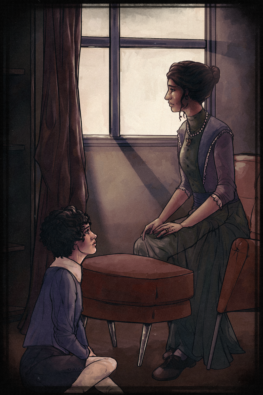 a portrait of a mother and her child sitting near a window, through which sunlight filters into an otherwise dark room.