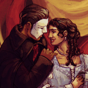 a close-up illustration in warm red & gold tones that depicts a man in a white half-mask and a woman with long, curly dark hair facing one another.