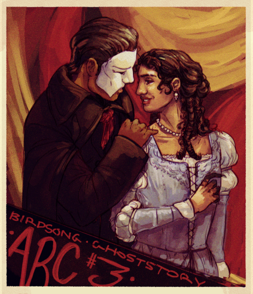 a theatre-poster style illustration of a man in a white half-mask and a woman in a 19th century stile dress looking towards each other.
