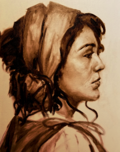 a sepia-toned portrait in profile of a woman wearing a headscarf and looking melancholy.