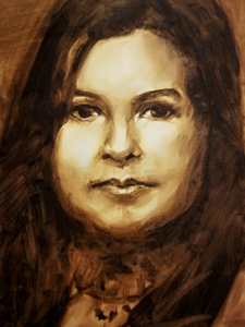 a sepia-toned portrait of a woman with a piercing gaze.