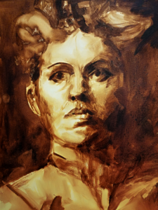 a sepia-toned portrait of a woman with an apprehensive expression.