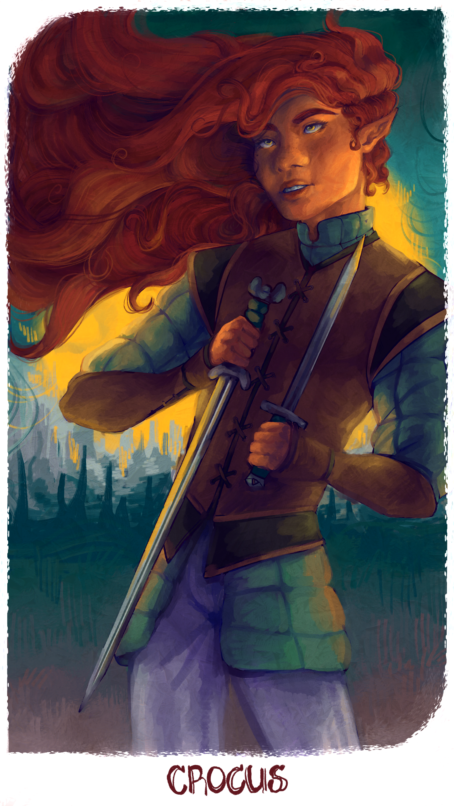 a tarot-card style illustration depicting a person holding a sword.