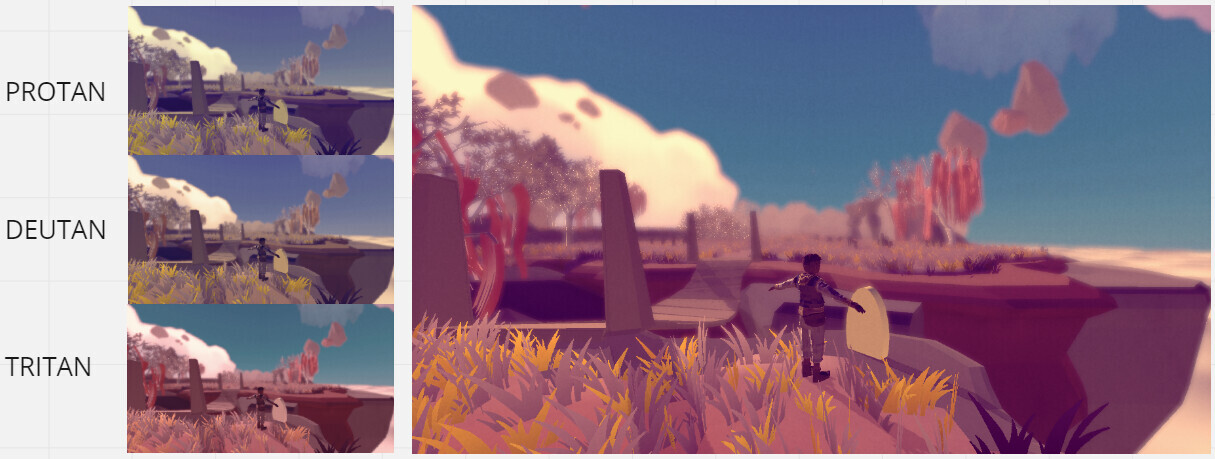 screenshots of the game environment with different colorways that simulate different types of colorblindness.