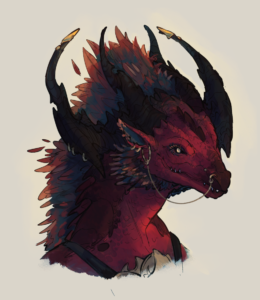 bust portrait of an anthropomorphic dragon woman with highly detailed red scales and feathers.