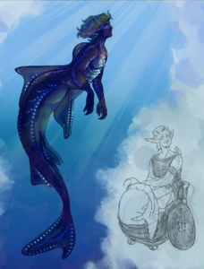 a dark blue merman with bio-luminescent spots. in the corner is a smaller sketch of him sitting in a wheelchair and smiling.